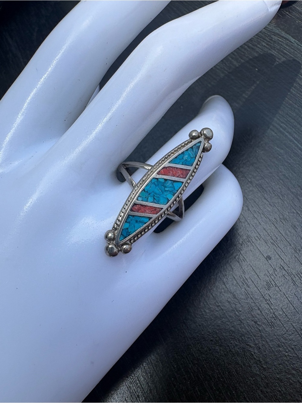 Native American Inspired Silver Ring with Turquoise & Coral Inlay - Size 7.5